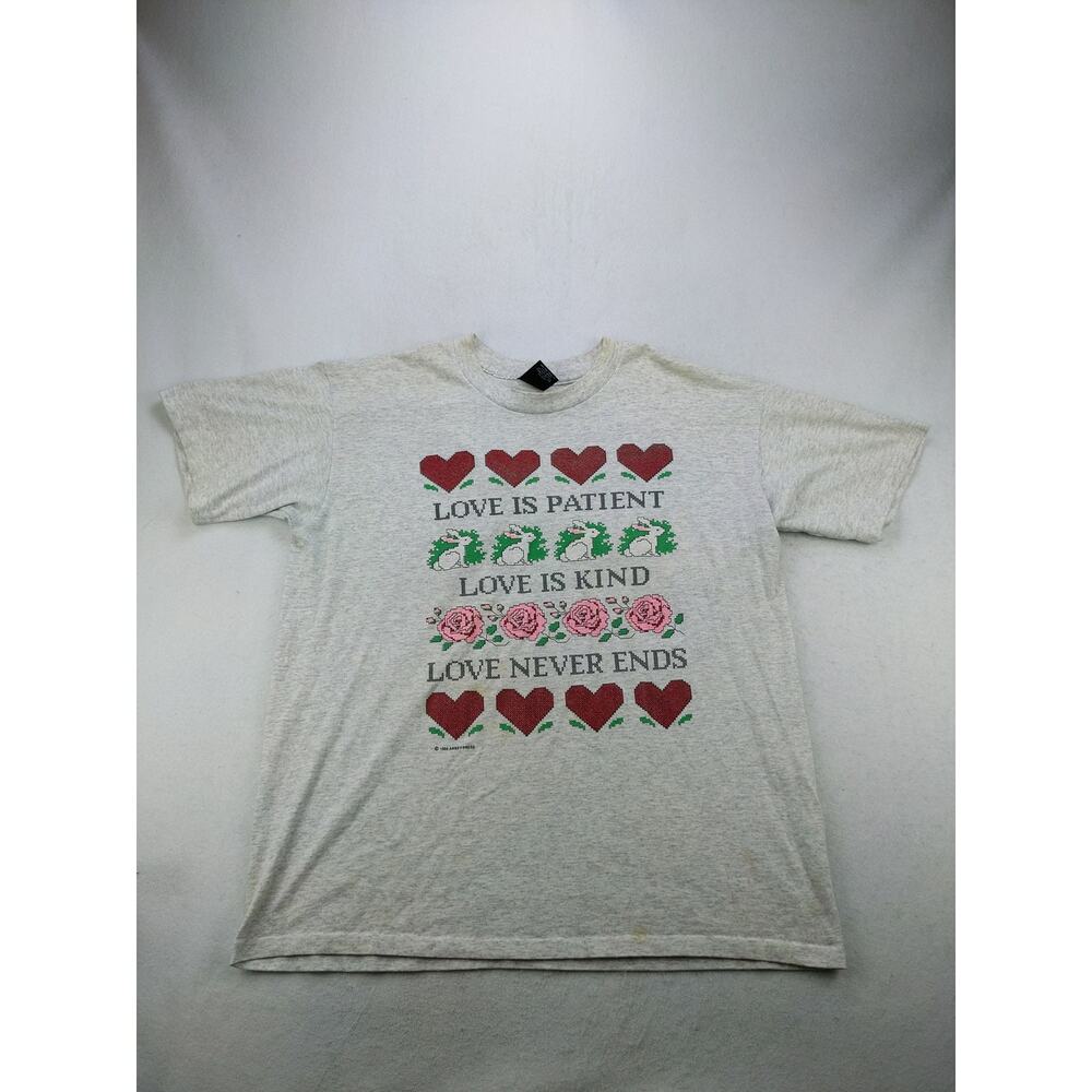 Vintage Platinum Plus 1994 90's T Shirt Size XL Gray Love is Patient
